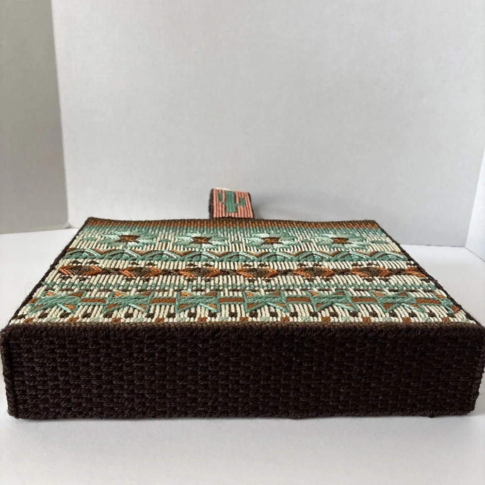 Vintage Handmade Needlepoint Cross Stitch Box Aztec Desert Cactus Purse